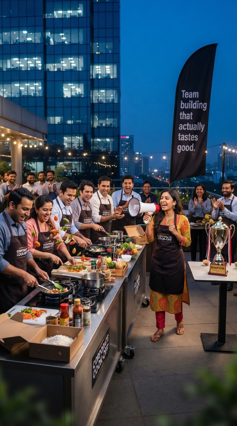 Corporate teams cooking at mobile kitchen pods on an office terrace