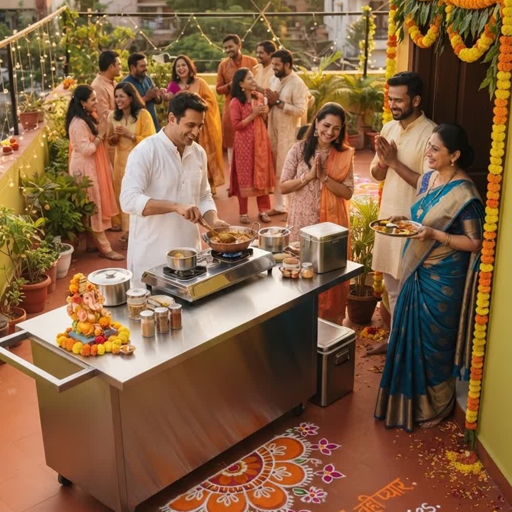 Family cooking on a mobile kitchen pod at a rooftop housewarming with marigold garlands and a rangoli