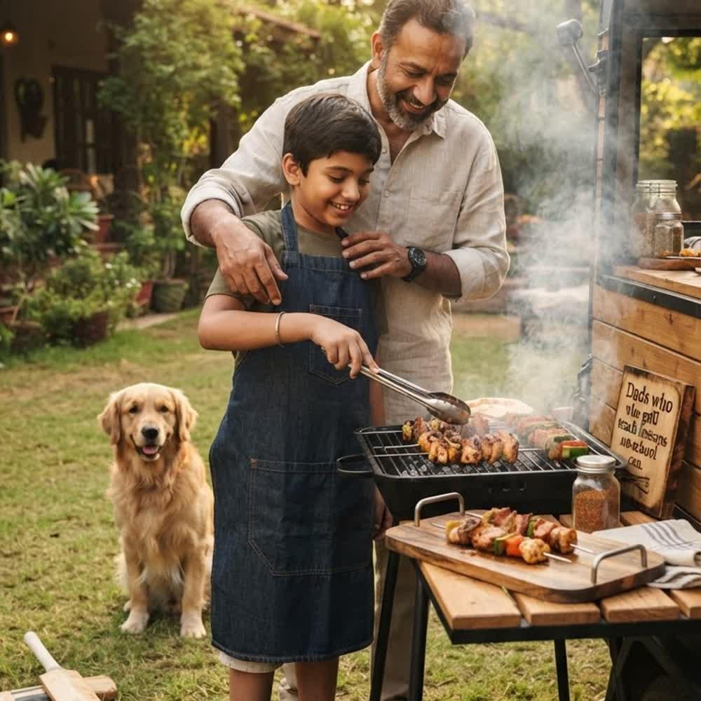 Father teaching his son to grill skewers beside a mobile kitchen pod in a backyard with a dog watching