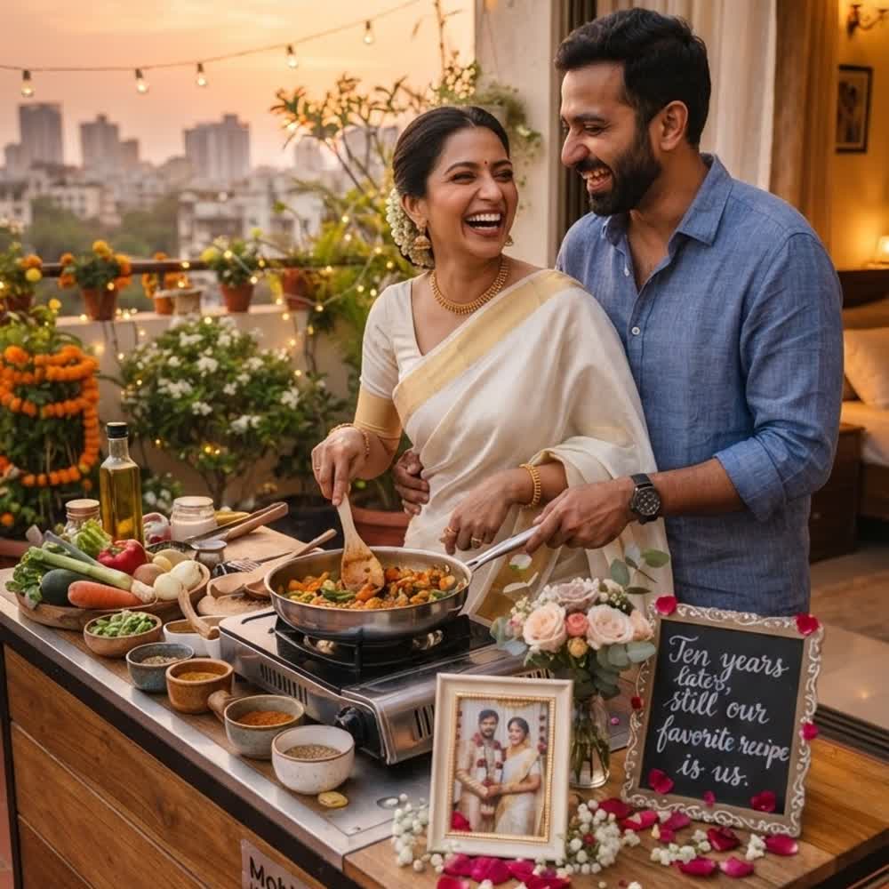 Couple laughing while cooking together on a mobile kitchen pod at sunset on their balcony