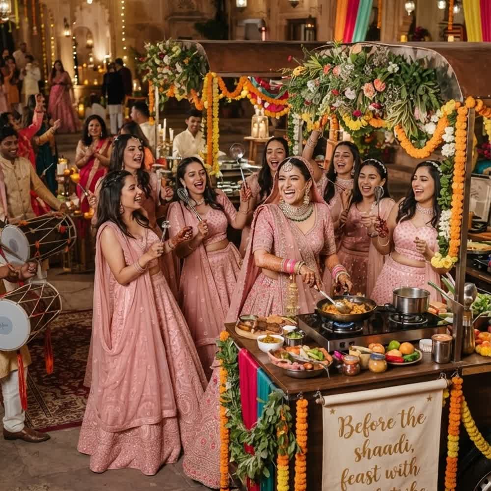 Bride and her friends in pink cooking at a flower-decorated pod during a mehendi celebration