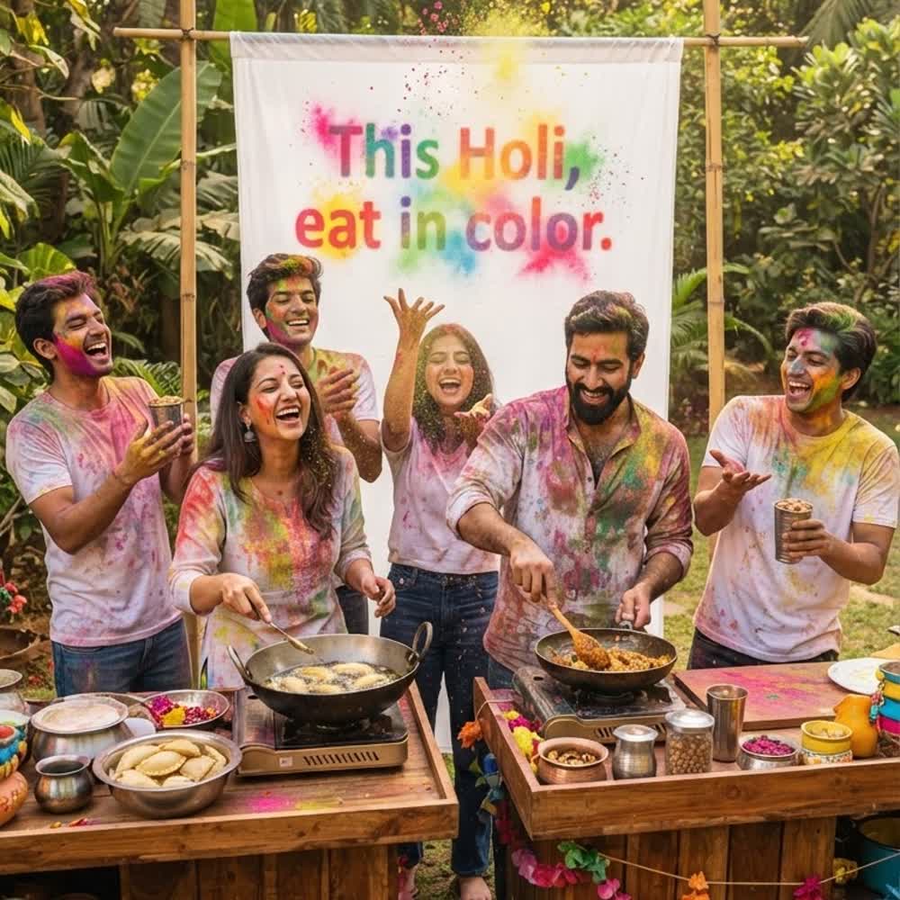 Friends covered in Holi colours frying snacks at two mobile kitchen pods in a garden
