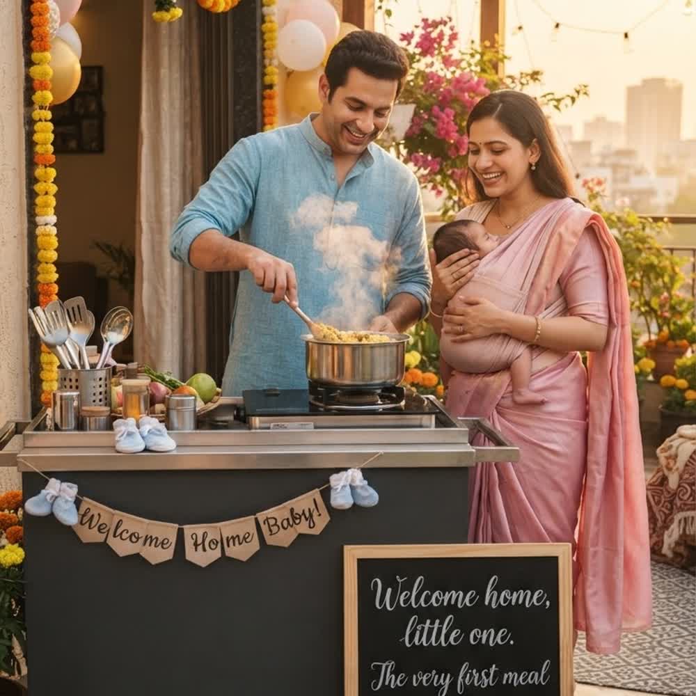 New parents cooking on a pod on a balcony decorated for a baby welcome