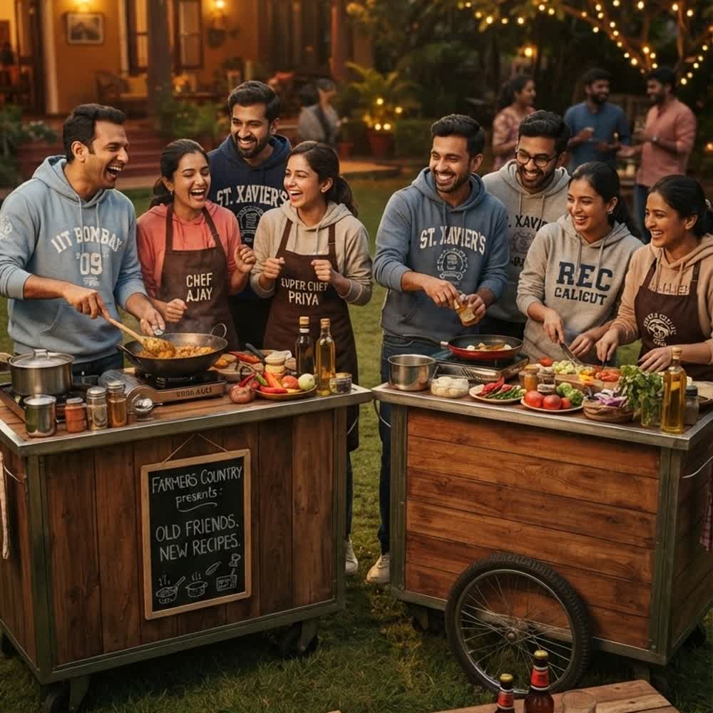 College friends in hoodies and aprons cooking at two mobile kitchen pods on a lawn at golden hour