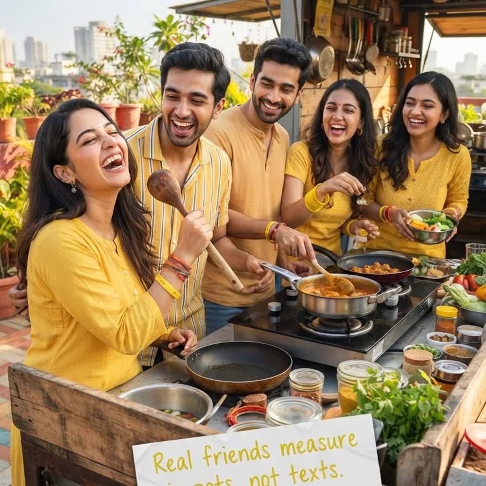 Five friends in yellow laughing over pans at a rooftop mobile kitchen pod