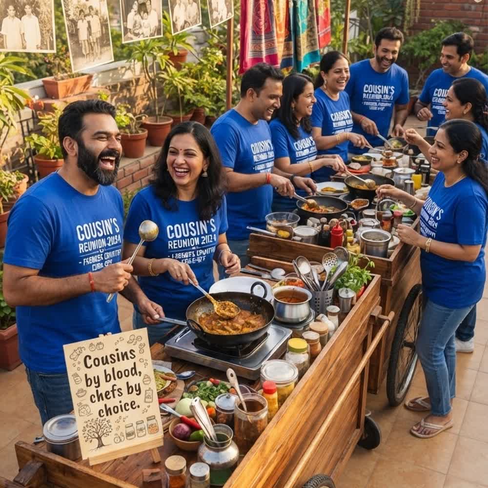 Cousins in matching blue reunion t-shirts cooking together at a rooftop mobile kitchen pod