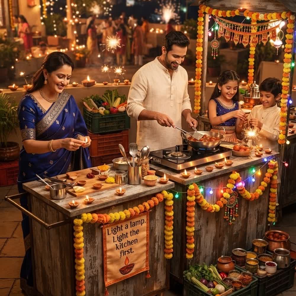 Family frying sweets on a pod on a Diwali rooftop with diyas and fireworks in the sky