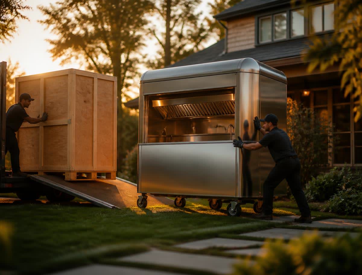 Two crew members rolling a stainless steel mobile kitchen pod and a sealed wooden crate onto a lawn at golden hour