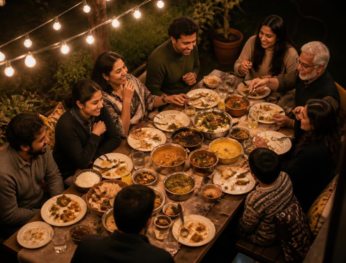 Friends and family eating a homemade feast at a long outdoor table lit by string lights